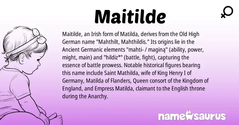Infographic about Maitilde name meaning, Maitilde is a name from Irish, Old High German, English, Ancient Germanic, England origin(s).
