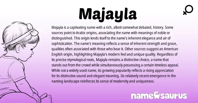 Infographic about Majayla name meaning, Majayla is a name from English, Arabic origin(s).