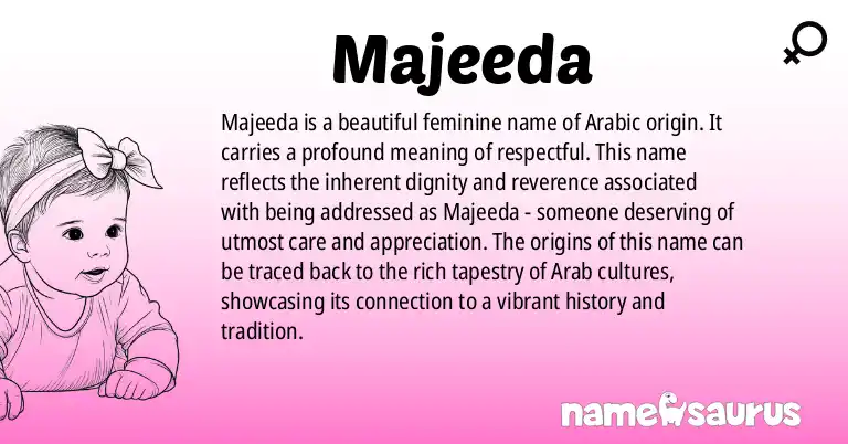 Infographic about Majeeda name meaning, Majeeda is a name from Arabic origin(s).