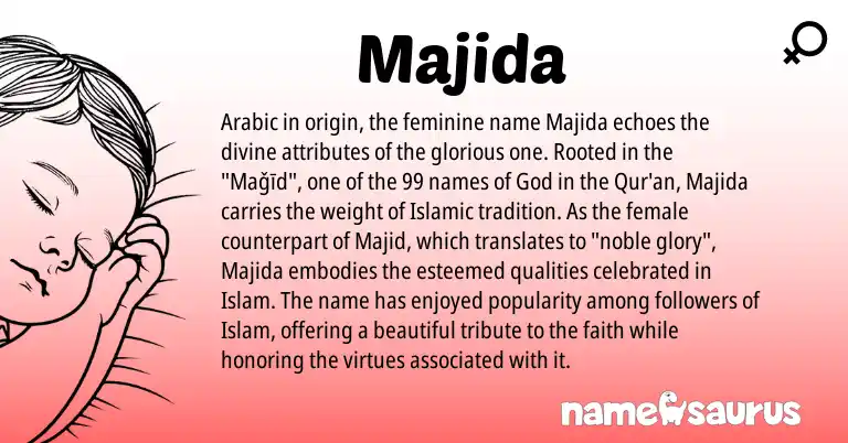 Infographic about Majida name meaning, Majida is a name from Arabic origin(s).