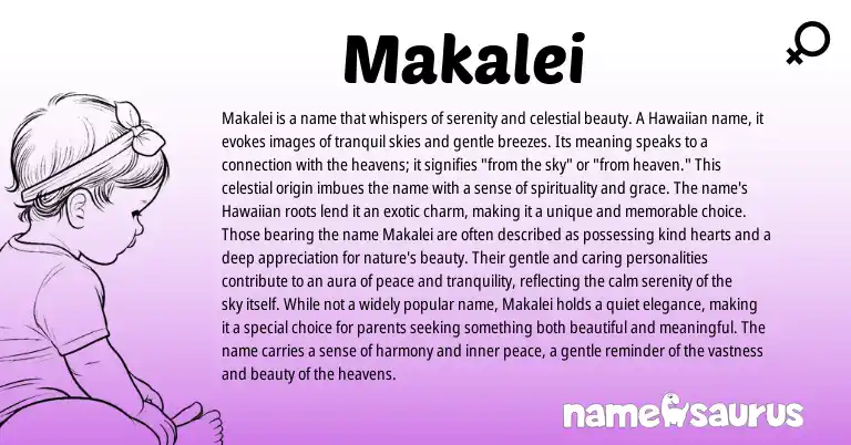 Infographic about Makalei name meaning, Makalei is a name from Hawaiian origin(s).