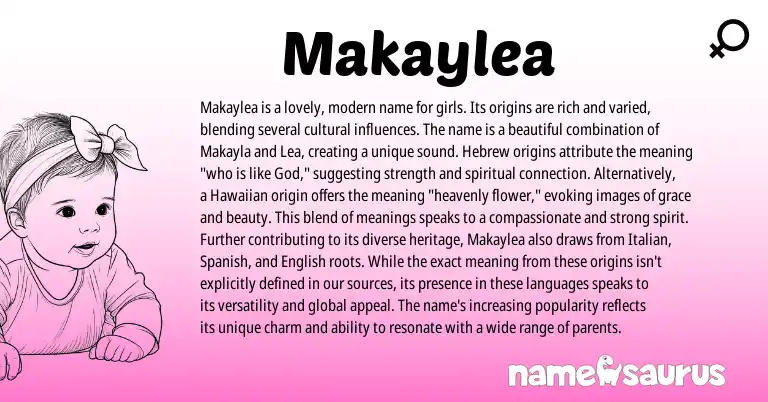 Infographic about Makaylea name meaning, Makaylea is a name from Hebrew, Hawaiian origin(s).