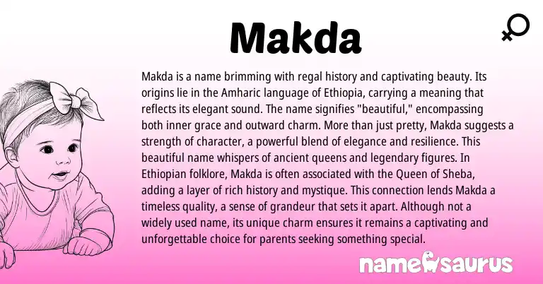 Infographic about Makda name meaning, Makda is a name from Ethiopian, Amharic origin(s).