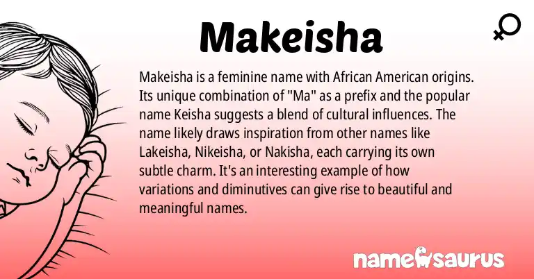 Infographic about Makeisha name meaning, Makeisha is a name from African American origin(s).