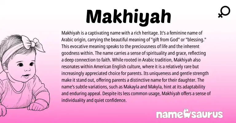 Infographic about Makhiyah name meaning, Makhiyah is a name from Arabic origin(s).