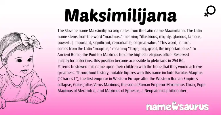 Infographic about Maksimilijana name meaning, Maksimilijana is a name from Roman, Ancient Rome, Slovene, Latin origin(s).