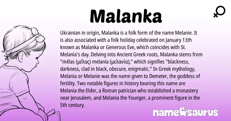 Infographic about Malanka name meaning, Malanka is a name from Ukrainian, Ancient Greek, Roman, Greek origin(s).