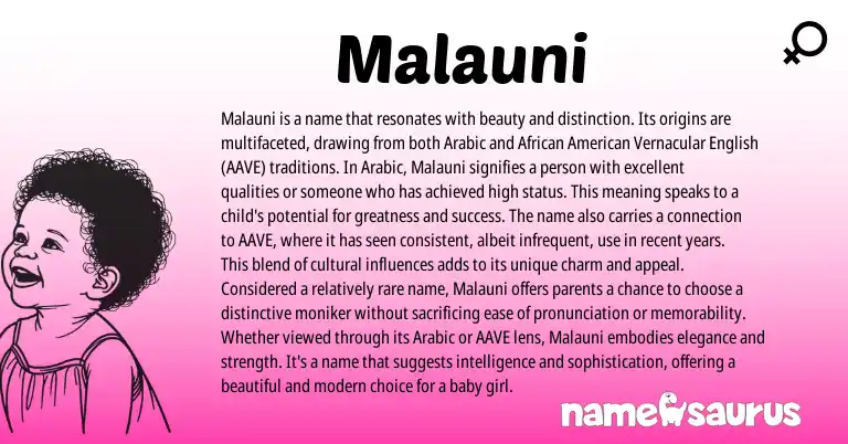 Infographic about Malauni name meaning, Malauni is a name from Arabic origin(s).