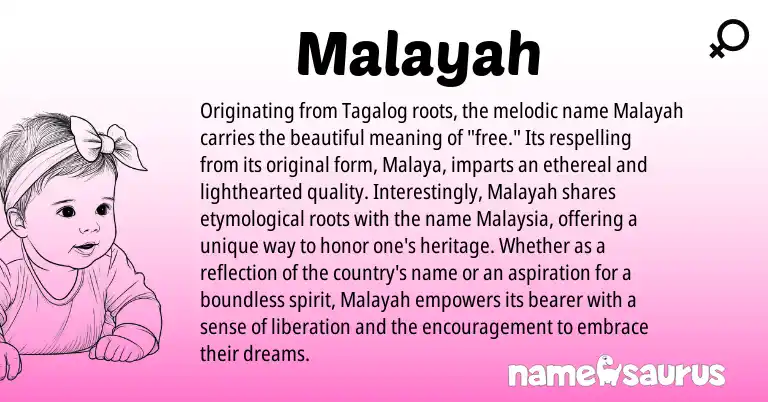 Infographic about Malayah name meaning, Malayah is a name from Tagalog origin(s).