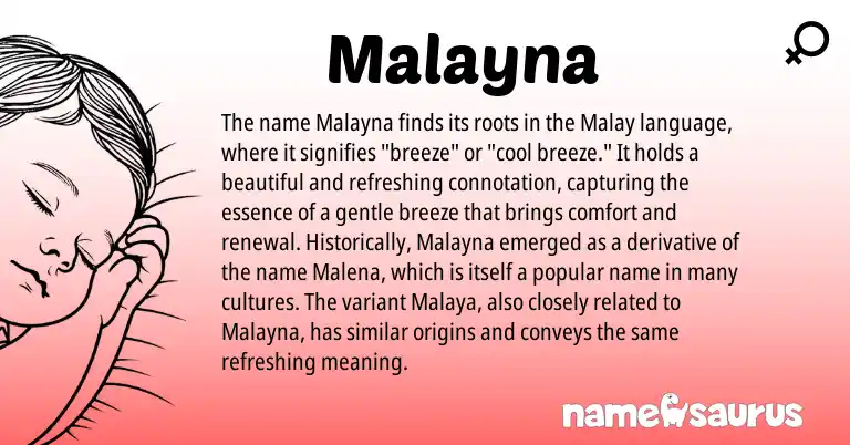Infographic about Malayna name meaning, Malayna is a name from Malay origin(s).