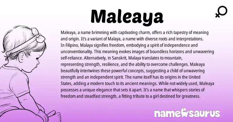 Infographic about Maleaya name meaning, Maleaya is a name from Filipino, Sanskrit origin(s).