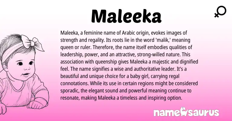 Infographic about Maleeka name meaning, Maleeka is a name from Indian, Arabic origin(s).