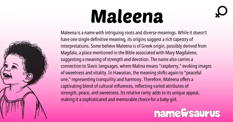 Infographic about Maleena name meaning, Maleena is a name from Greek origin(s).