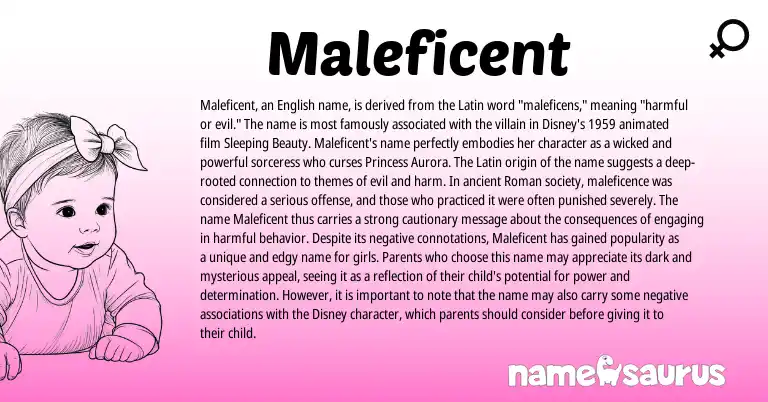 Infographic about Maleficent name meaning, Maleficent is a name from Roman, English, Latin origin(s).