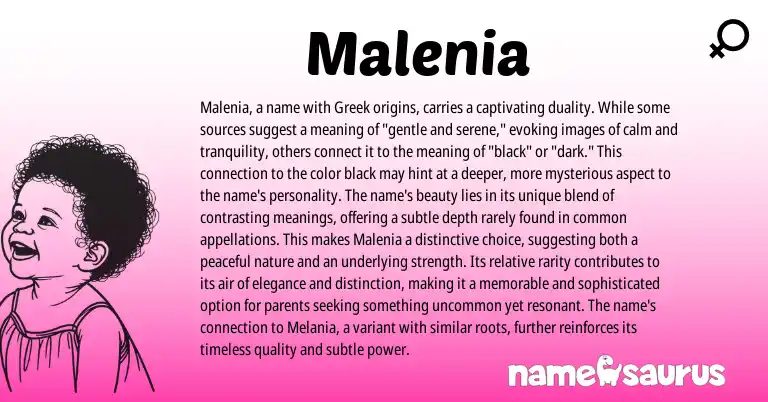 Infographic about Malenia name meaning, Malenia is a name from Greek origin(s).