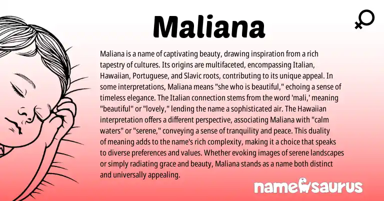Infographic about Maliana name meaning, Maliana is a name from Hawaiian, Italian origin(s).