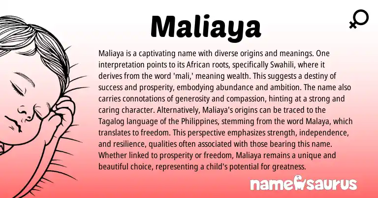 Infographic about Maliaya name meaning, Maliaya is a name from African, Swahili origin(s).