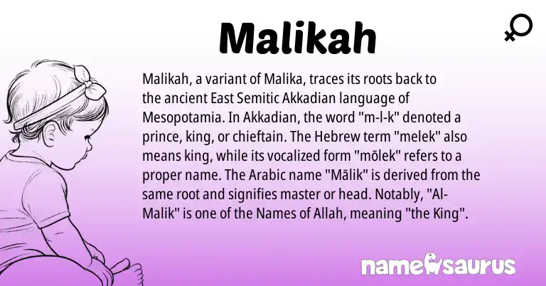 Infographic about Malikah name meaning, Malikah is a name from Akkadian, Semitic, Arabic, Hebrew origin(s).