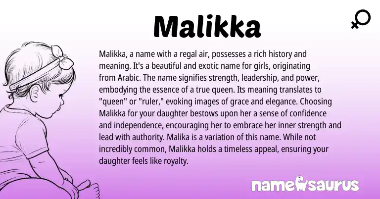 Infographic about Malikka name meaning, Malikka is a name from Arabic origin(s).