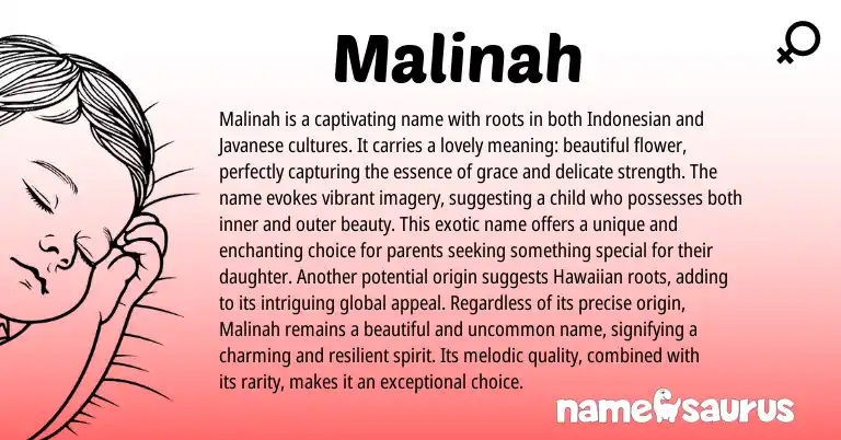 Infographic about Malinah name meaning, Malinah is a name from Indonesian, Javanese origin(s).