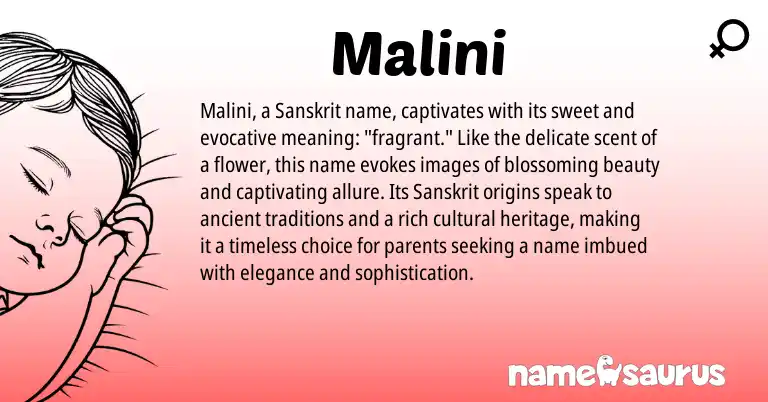 Infographic about Malini name meaning, Malini is a name from Sanskrit origin(s).