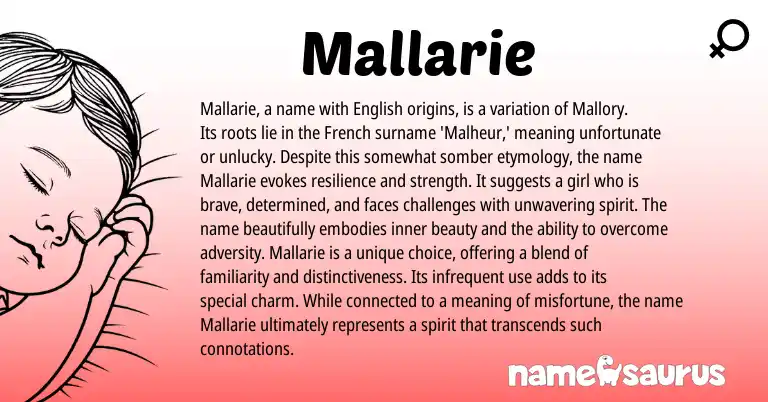 Infographic about Mallarie name meaning, Mallarie is a name from French, English origin(s).