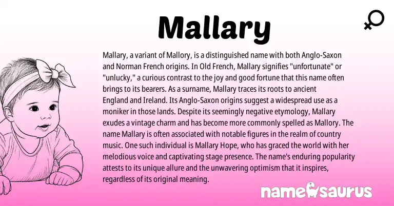 Infographic about Mallary name meaning, Mallary is a name from Anglo-Saxon, Ireland, Old French, England, French, Norman origin(s).