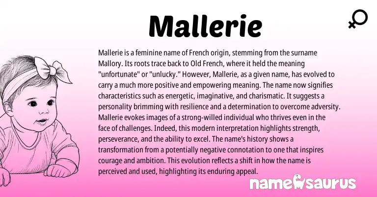 Infographic about Mallerie name meaning, Mallerie is a name from English, French origin(s).
