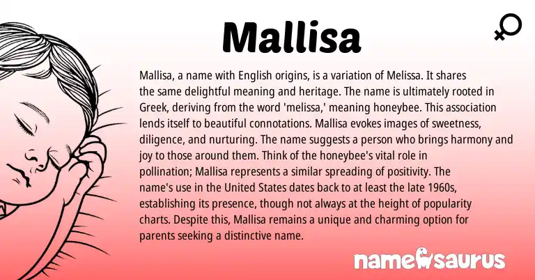 Infographic about Mallisa name meaning, Mallisa is a name from Greek origin(s).
