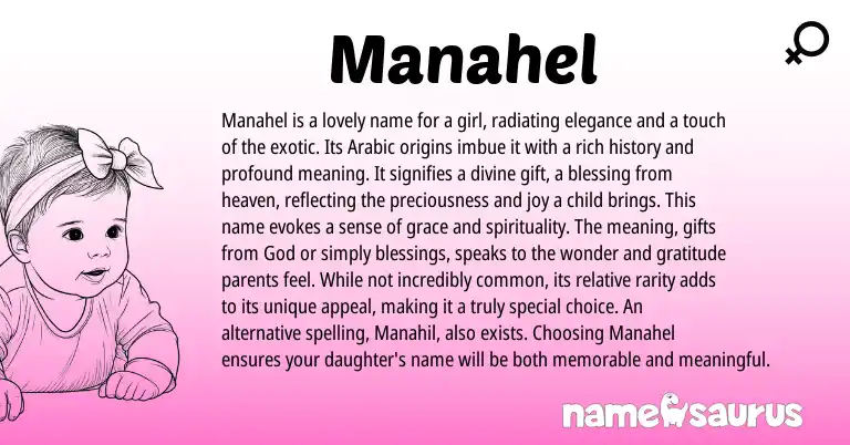 Infographic about Manahel name meaning, Manahel is a name from Arabic origin(s).