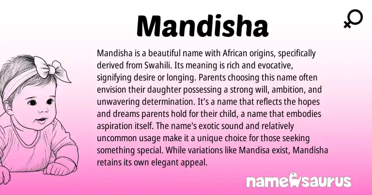 Infographic about Mandisha name meaning, Mandisha is a name from African, Swahili origin(s).
