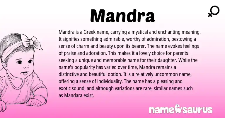 Infographic about Mandra name meaning, Mandra is a name from Indian, Indonesian, Indo, Greek origin(s).