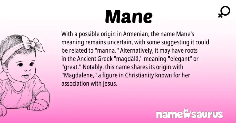 Infographic about Mane name meaning, Mane is a name from Armenian, Christianity, Ancient Greek origin(s).
