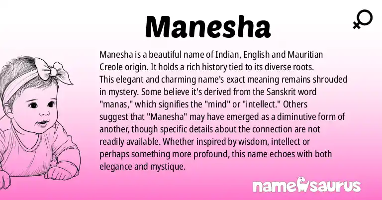 Infographic about Manesha name meaning, Manesha is a name from Indian, English, Mauritian Creole origin(s).