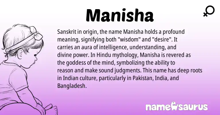 Infographic about Manisha name meaning, Manisha is a name from Indian, Sanskrit, Hindu, Pakistan origin(s).