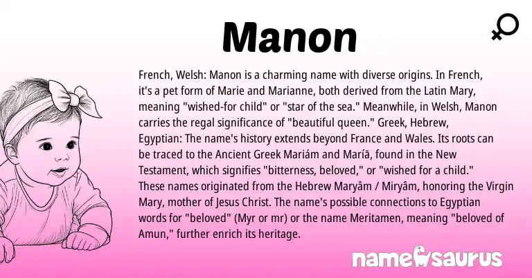 Infographic about Manon name meaning, Manon is a name from Ancient Greek, Welsh, French, Latin, Greek, Egyptian, Hebrew origin(s).