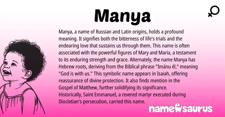 Infographic about Manya name meaning, Manya is a name from Russian, Latin, Hebrew origin(s).