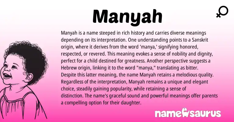 Infographic about Manyah name meaning, Manyah is a name from Sanskrit, Arabic origin(s).
