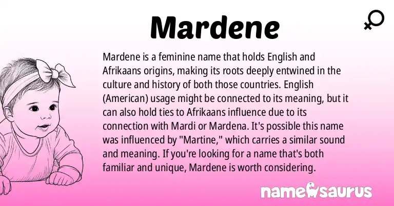 Infographic about Mardene name meaning, Mardene is a name from English (American), Afrikaans origin(s).