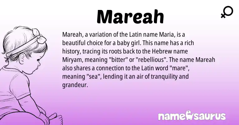 Infographic about Mareah name meaning, Mareah is a name from Latin, Hebrew origin(s).