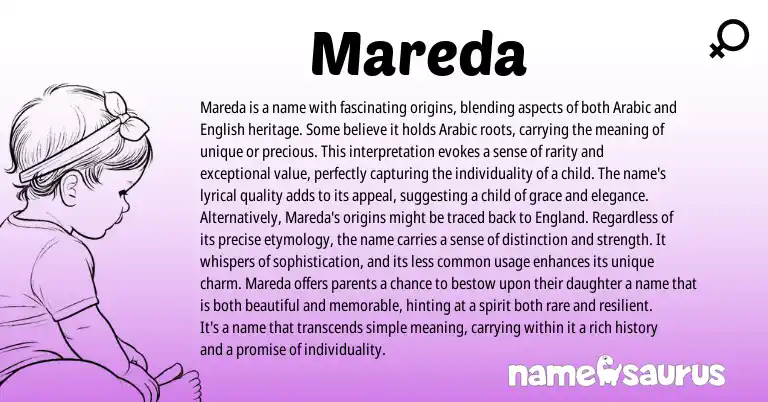Infographic about Mareda name meaning, Mareda is a name from English, Arabic origin(s).
