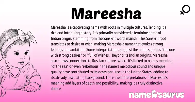 Infographic about Mareesha name meaning, Mareesha is a name from Indian, English, Sanskrit origin(s).