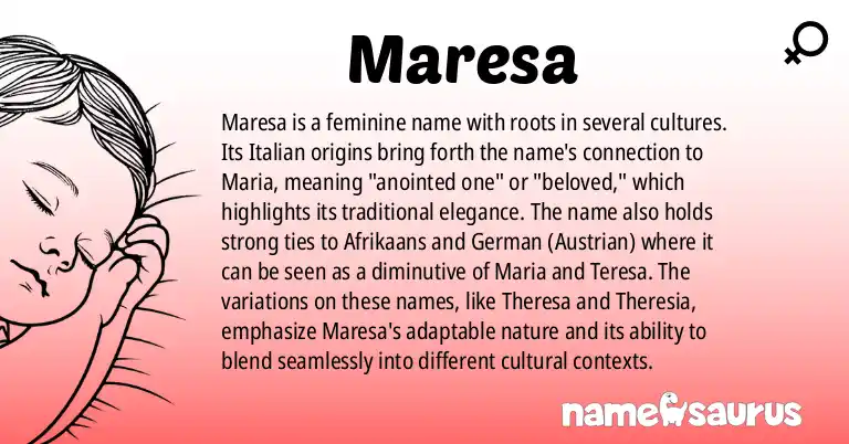 Infographic about Maresa name meaning, Maresa is a name from Italian, Afrikaans, German (Austrian) origin(s).