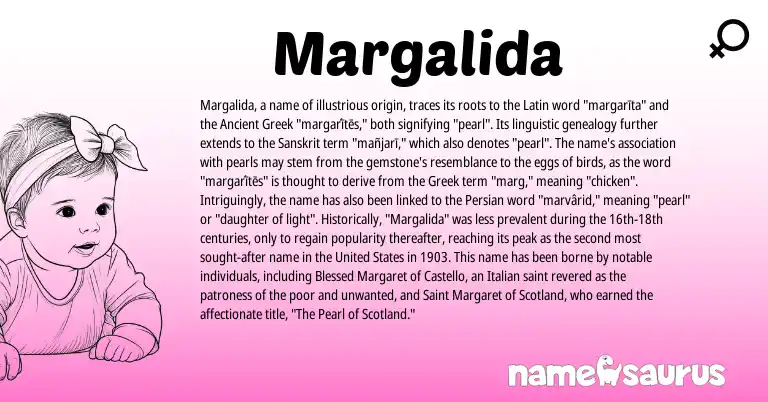 Infographic about Margalida name meaning, Margalida is a name from Ancient Greek, United States, Persian, Latin, Greek, Sanskrit, Italian origin(s).