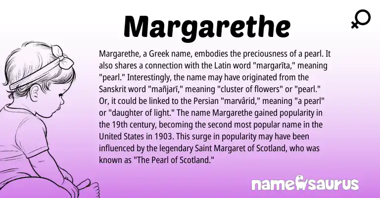 Infographic about Margarethe name meaning, Margarethe is a name from United States, Persian, Latin, Greek, Sanskrit origin(s).