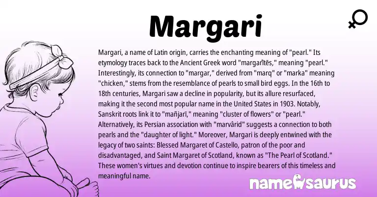 Infographic about Margari name meaning, Margari is a name from Ancient Greek, United States, Persian, Latin, Sanskrit origin(s).