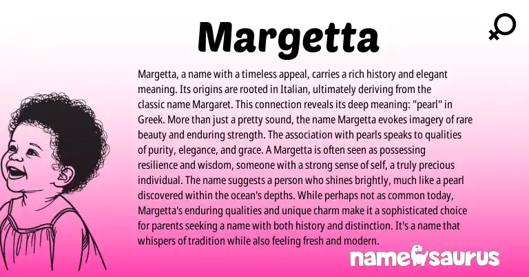 Infographic about Margetta name meaning, Margetta is a name from Greek, Italian origin(s).