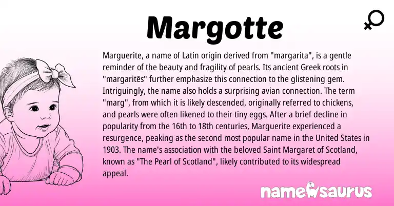 Infographic about Margotte name meaning, Margotte is a name from United States, Latin, Greek origin(s).