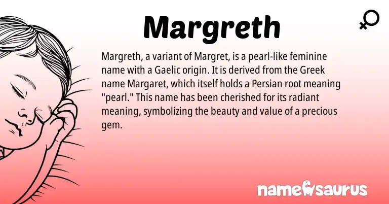 Infographic about Margreth name meaning, Margreth is a name from Gaelic, Persian, Greek origin(s).