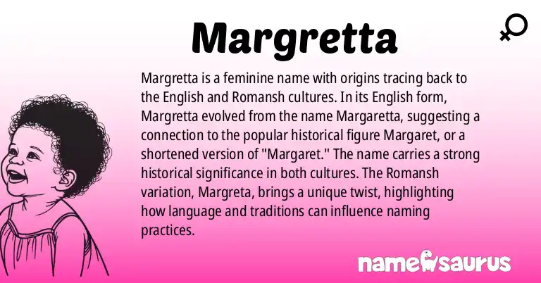 Infographic about Margretta name meaning, Margretta is a name from English (American), Romansh origin(s).